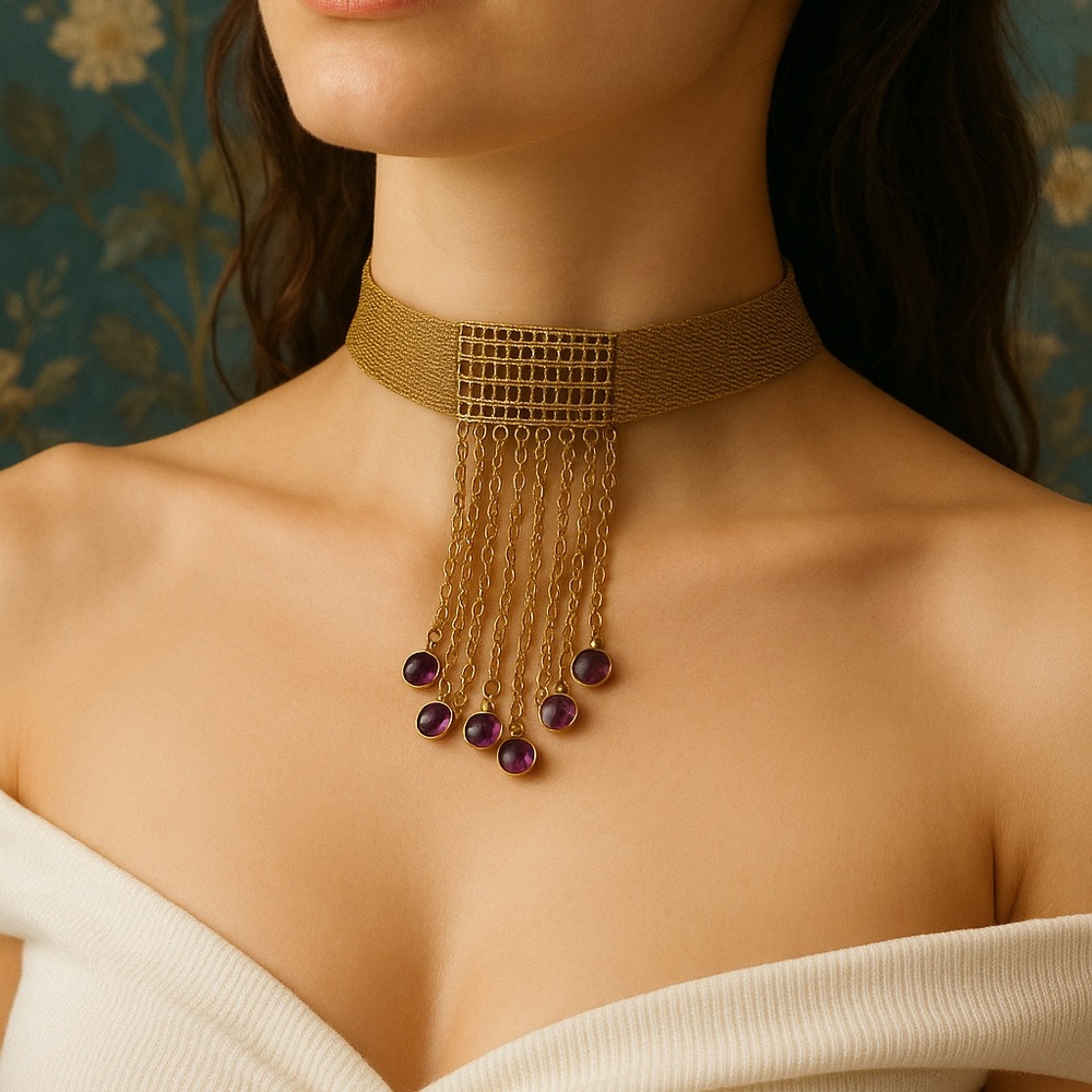 Gold Choker Necklace with Purple Gem Accents